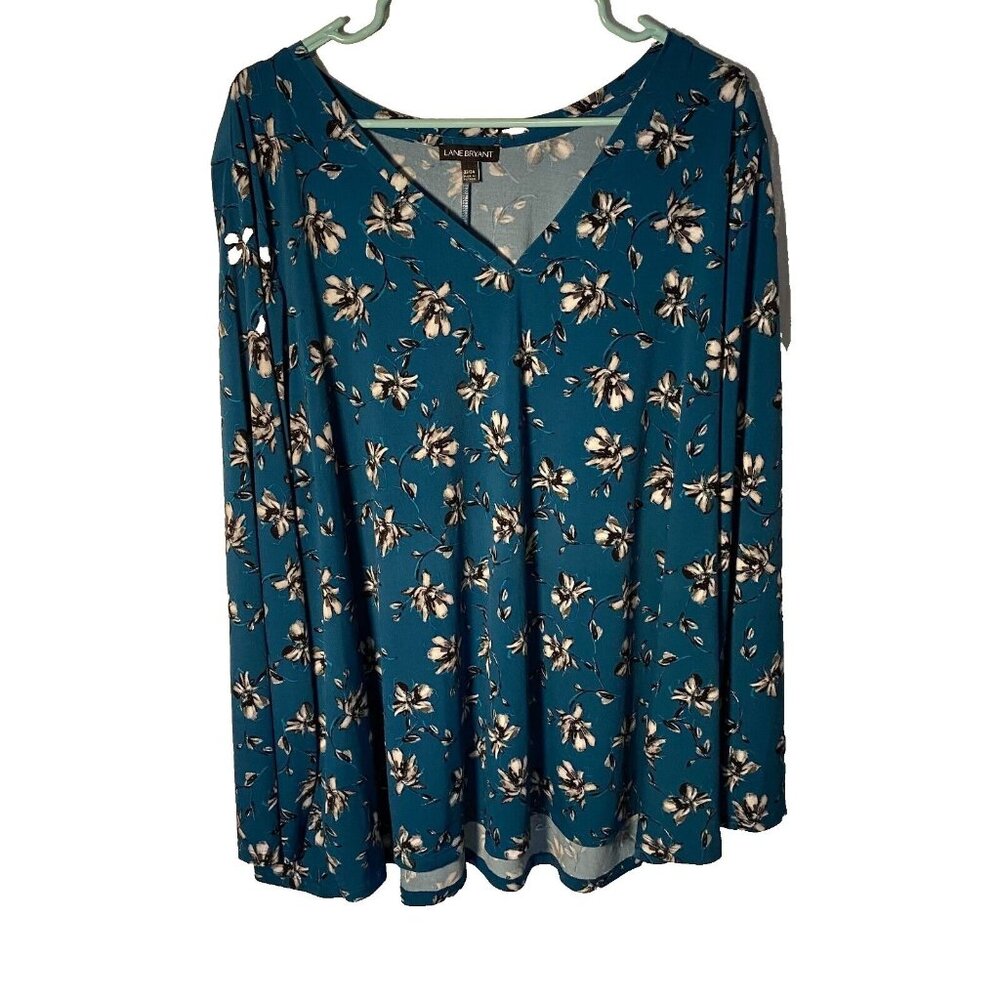 Lane Bryant Teal V Neck Blouse with Black‎ and White Floral Print 22/24